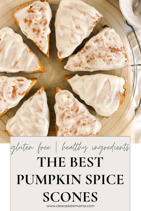 Pumpkin scones with icing on a round wire cooling rack. Gluten Free Pumpkin Scones, Clean Eating Baking, Vegan Egg Replacement, Pumpkin Pie Mix, Pumpkin Scones, Fall Recipes Healthy, Brunch Easy, Healthy Baking Recipes, Clean Eating Breakfast