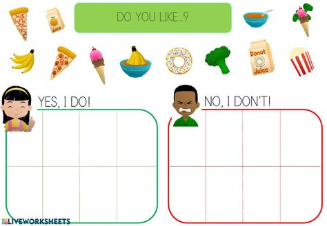 Do you like...? - Interactive worksheet Food Worksheet For Kindergarten, Food And Drink Worksheet For Kids, Esl Crafts, Kindergarten Colors, Car Drift, Super Simple Songs, Cut And Paste Worksheets, Food Activities, English Games