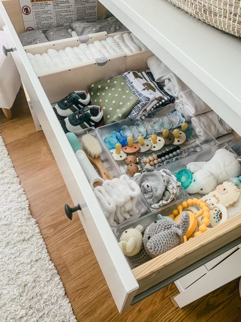 Infant Storage Ideas Small Spaces, Ikea Hauga Dresser Nursery, Paci Storage, Dresser Storage Ideas, Nursery Drawer Organization, Baby Dresser Organization, Nursery Dresser Organization, Nursery Drawer, Nursery Nook