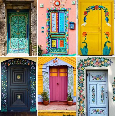 Outside Door Painting Ideas, Flowers Painted On Door, Folk Painted Door, Door Painting Ideas Bedroom Aesthetic Easy, Cool Painted Doors, Front Door Mural, Door Design Painting Ideas, Cute Door Painting Ideas, Painted Door Frames