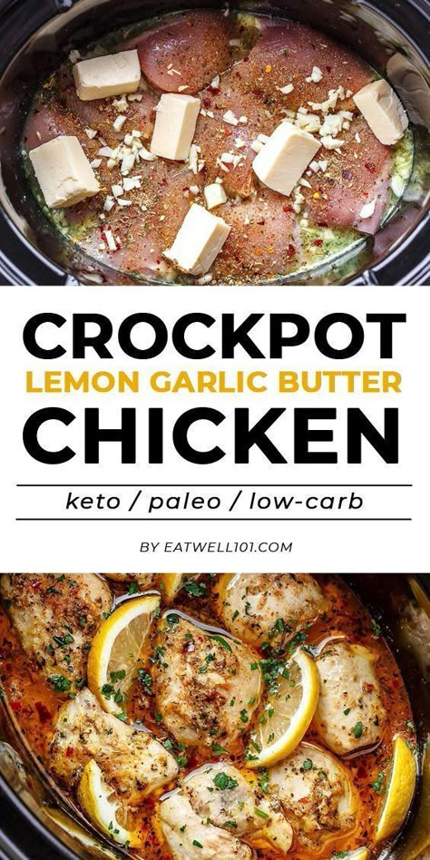 Lemon Garlic Butter Chicken, Slow Cooker Chicken Recipe, Ayam Mentega, Chicken Dinner Recipe, Chicken Easy, Crock Pot Chicken, Crockpot Recipe, Diner Recept, Butter Chicken Recipe