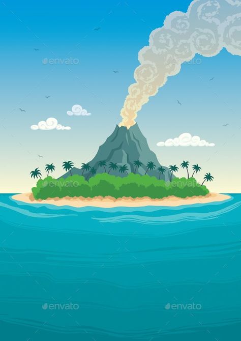 Tropical Island by Malchev Tropical island with smoking volcano. Tropical Island Illustration, Tropical Island Drawing, Volcano Illustration, Volcano Drawing, Volcano Wallpaper, Island Drawing, Dinosaur Mural, Island Illustration, Collage Landscape