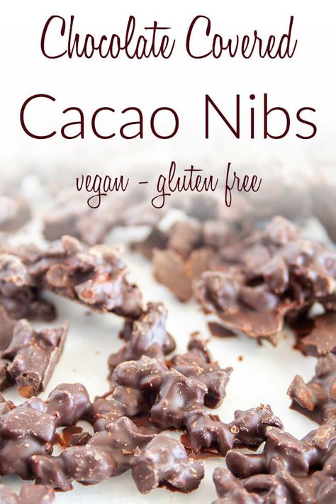 Chocolate Covered Cacao Nibs (vegan, gluten free) - Sweet dark chocolate comes together with crunchy cacao nibs to make a healthy treat! #cacaonibs #cacaorecipe Candied Cacao Nibs, Vegan Dessert Chocolate, Warehouse Cafe, Cacao Nibs Recipes, Cacao Recipes, Chocolate Covered Espresso Beans, Keto Dishes, Vegan Snack Recipes, Plant Based Snacks