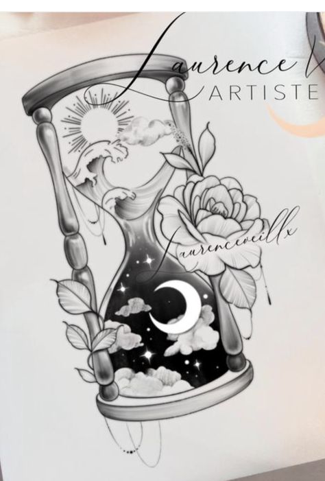 Winged Hourglass Tattoo, Feminine Hourglass Tattoo Design, Sun And Moon Hourglass Tattoo, Hourglass Design Drawing, 2 Hour Tattoo Ideas, Hour Glass Sketch, Sand Timer Tattoo Design, Hourglass Tattoos For Women, Hour Glass Tattoo Ideas