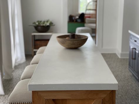 Concrete Island Countertop, White Concrete Countertops Kitchen, White Concrete Kitchen, White Kitchen Black Appliances, Farmhouse Kitchen Renovation, Polished Concrete Countertops, Springboro Ohio, Cement Countertops, Concrete Island