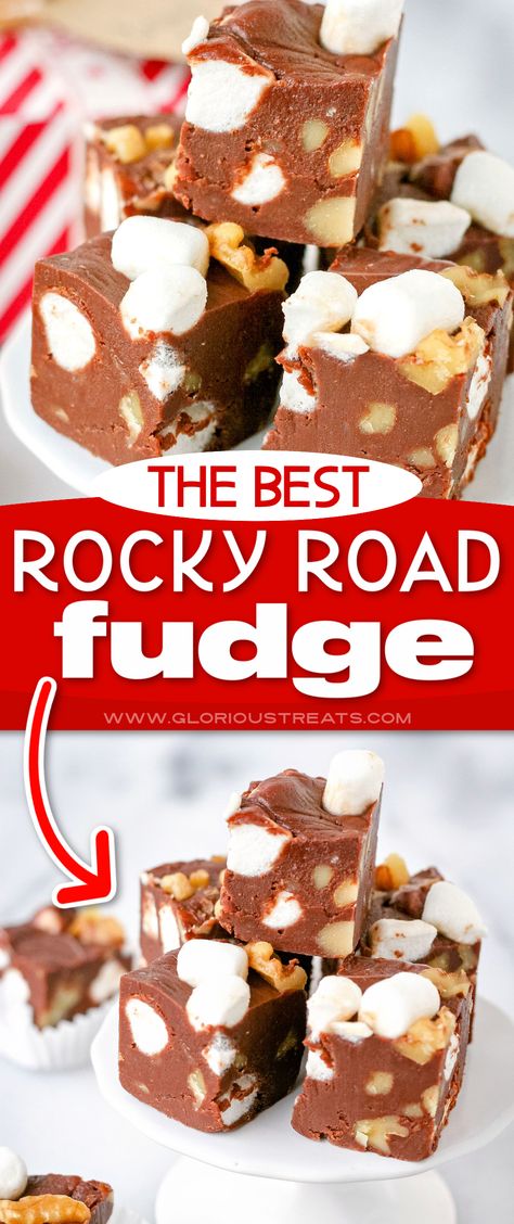 Fudge Recipes Rocky Road, Christmas Walnut Fudge, Fudge Rocky Road, Rockyroad Fudge Recipes, Ricky Road Fudge, Rocky Road Fudge Easy, See’s Candy Recipes, Easy Rocky Road Fudge, Marshmallow Chocolate Fudge