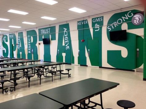 Lunchroom Wall Murals, High School Wall Decor, School Cafeteria Decorations, Cafeteria Decorations, High School Cafeteria, School Hallway Decorations, Cafeteria Decor, Cafeteria Design, School Cafe