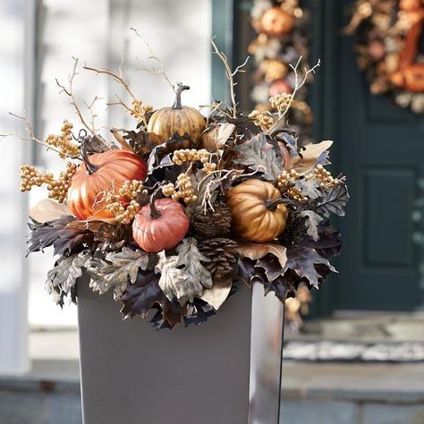 Fall Planter Ideas, Fall Urn, Pumpkin Topiary, Diy Halloween Wreath, Fall Floral Arrangements, Fall Planters, Garden Urns, Fall Thanksgiving Decor, Autumn Decorating