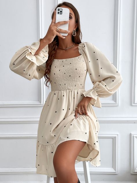 Beige Elegant  Long Sleeve Polyester Polka Dot A Line  Non-Stretch Spring/Summer Women Dresses Long Sleeve Short Dress Casual, Long Spring Dresses, Modest Spring Dresses, Beige Short Dress, Sundress Outfit, Long Sundress, Beige Outfit, Preppy Dresses, Short Summer Dresses