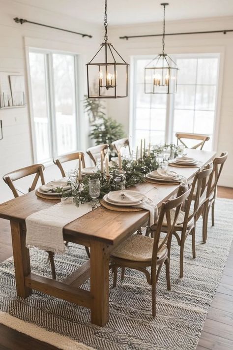 "Create a stunning Modern Farmhouse Table with this DIY project! 🛠️🏡 Ideal for stylish dining. #FarmhouseInspo #DIYTable #FarmhouseDesign" Rustic Farmhouse Table Decor, Rustic Dining Room Ideas Farmhouse Style, Magnolia Dining Room Ideas, Diy Large Table, Modern Farmhouse Dining Room Decor Ideas, Dining Room Ideas Modern Farmhouse, Dining Room Set Up, Dining Room Table Diy, Dining Room Modern Farmhouse