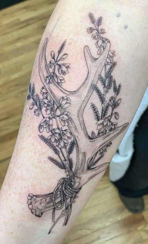 Woman Hunting Tattoos, Half Deer Tattoo, Women’s Hunting Tattoo, Feminine Elk Tattoo, Flower Intertwined Tattoo, Woodland Tattoos For Women, Country Themed Sleeve Tattoo, Female Hunter Tattoo, Deer Spine Tattoo