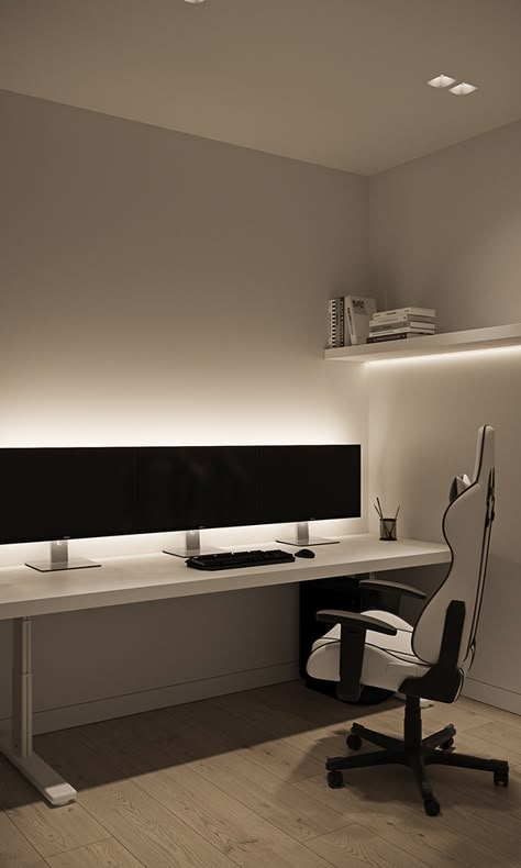 White Desk Setup, Modern Home Offices, Home Studio Setup, Room Hacks, Men Home Decor, Bedroom Setup, Interior Design Architecture, Minimalist Room, Home Design Living Room