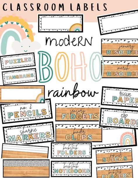 Rainbow Labels, Labels For Classroom, Classroom Supplies Labels, Boho Rainbow Classroom, Rainbow Classroom, Supply Labels, Classroom Calendar, 4th Grade Classroom, Classroom Labels