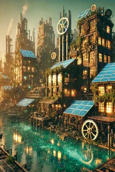 Step into a world where sustainability meets steampunk. This solar-powered city thrives amidst the remnants of an industrial past, showcasing the potential of eco-friendly designs in a post-apocalyptic setting. Downloads Available @ https://slaacr.com Solarpunk Wallpaper Desktop, Solar Punk Character, Biopunk City, Solarpunk City, Solarpunk Aesthetic, Punk Illustration, Punk Character, Solar City, Fantasy Settings