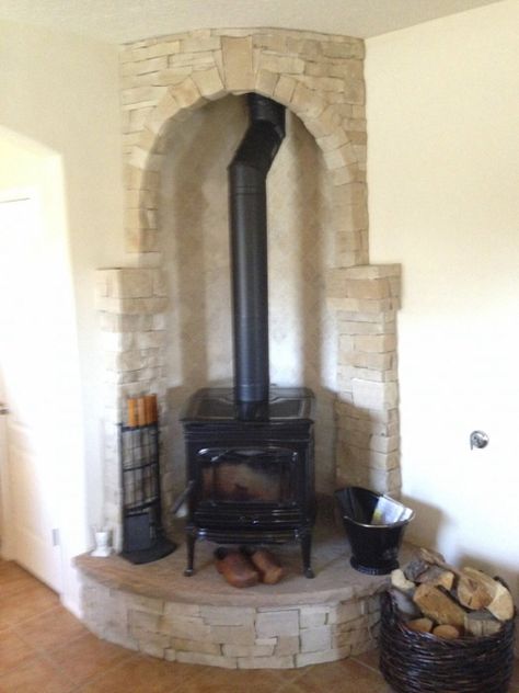 Cedar Farmhouse, Wood Stove Decor, Wood Burning Stove Corner, Stove Surround, Corner Wood Stove, Wood Stove Surround, Corner Stove, Stove Decor, Wood Stove Hearth