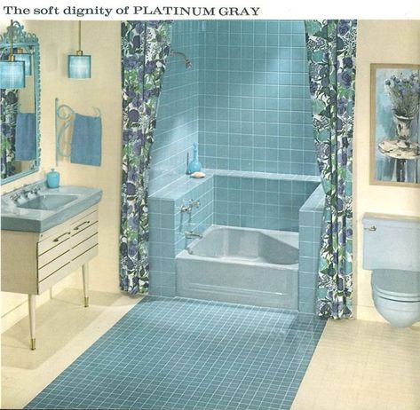 The color gray in vintage bathrooms from 1927 to 1962 - Retro Renovation 60s Bathroom Remodel, Vintage Bathroom Pictures, 60s Bathroom Decor, 60s Bathroom, 1960s Bathroom, Retro Bathroom Decor, Blue Bathroom Tile, Vintage Bathtub, Retro Bathrooms