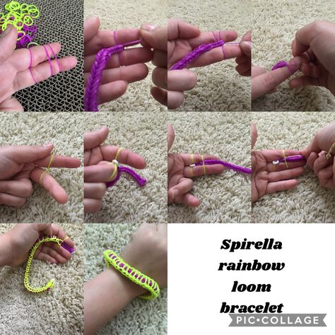 First Make a fishtail bracelet. Once completed twist a rubber band around two fingers. Take your S or C clip that is on your fishtail bracelet and clip it to the twisted rubber bands. Put another rubber band on your fingers and pull the fishtail bracelet through the rubber band. Repeat this step. Once completed put the rubber band on one finger. All the bottom rubber band over the top. Now clip the rubber band to your s or c clip and you have a spirella rainbow loom bracelet! Share your results