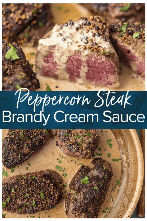 This is the ultimate skillet steak recipe! This peppercorn steak is smothered in a delicious brandy cream sauce fit for a king. Now that I know how to cook steak in a skillet, I'll never cook it any other way. #thecookierookie #steak Brandy Sauce For Steak, Brandy Peppercorn Sauce For Steak, Pepper Corn Sauce For Steak, Steak In A Skillet, Alredo Sauce, Peppercorn Cream Sauce, Steak Cream Sauce, Peppercorn Sauce For Steak, Seared Filet Mignon