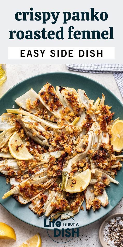 This playful twist on roast fennel is cooked with a crunchy, golden panko on top of caramelized fennel, making it the perfect easy side dish recipe for any main course, or for the holidays! Roasted fennel with crispy panko is a fun way to dress up a classic vegetable and is packed with texture and flavor! Roast Fennel, Caramelized Fennel, Fennel Recipe, Parmesan Roasted Potatoes, Turkey Pasta, Fennel Recipes, Pizza Salad, Roasted Fennel, Bread Dip