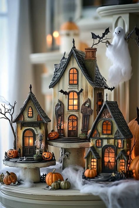 "Build your own spooky Halloween village with DIY Mini Haunted Houses! 🏚️🎃 Perfect for a fun and festive display. #MiniHauntedHouses #HalloweenVillageDIY #SpookyDecorIdeas" Village House Display Ideas, Halloween Doll House, Halloween Haunted House Diy, Halloween Fabric Crafts, Haunted House Diy, Halloween Village, Putz Houses, Fairy Garden Houses, Halloween Displays