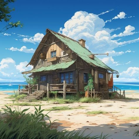 Cottage In Winter, Fantasy Beach House, Aesthetic Art Anime, Arte Aesthetic, Sea Drawing, Landscape Design Drawings, Storybook Homes, Colour Drawing, Perspective Drawing Architecture