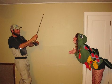 Fisherman and brook trout couples costume I made for my bf & I! Fishing Couple Costume, Fishing Lure Costume, Fishing Costume, Fish Halloween Costume Women, Fisherman Couple Costume, Fisherman And Fish Costume, Fish And Fisherman Couples Costume, Fisherman Costume Diy, Fisherman Halloween Costume