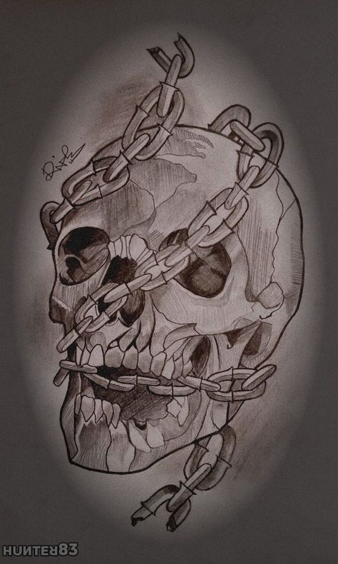 Danny Tattoo, Skull Drawing Sketches, Art Final Piece, Character Sketching, Hard Drawings, Skull Drawings, Metal Band Logos, Chain Tattoo, Armband Tattoos