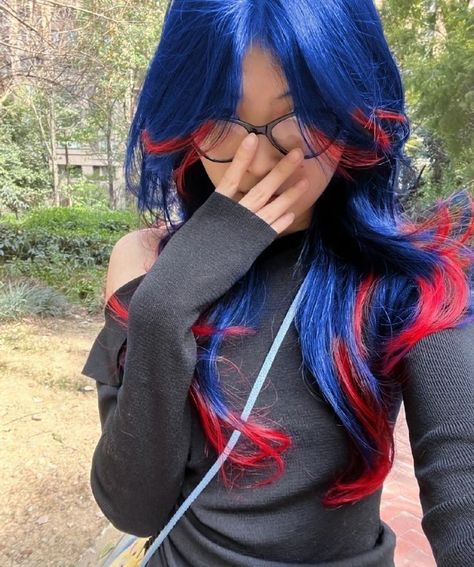 Peekaboo Hair Styling Ideas, Colored Hair Outfits, Stunk Strip Hairstyles Blue, Red And Blue Peekaboo Hair, Blue Under Black Hair, Red And Blue Streaks In Hair, Blue Hair With Red Highlights, Red Hair With Blue Underneath, Red Hair Blue Highlights