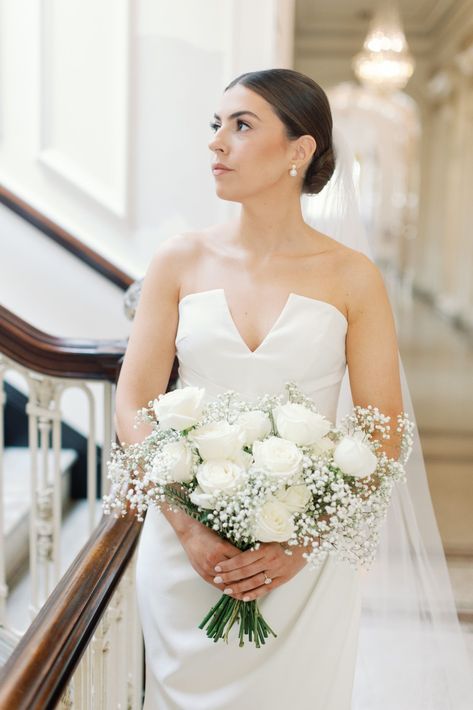 wedding bouquet bridal bouquet white roses and babys breath Babys Breath And White Roses Wedding, White Rose And Baby Breath Bouquet, White Rose Bridesmaid Bouquet, Rose Bridesmaid Bouquet, Bride Bouquets White, White Rose Bridal Bouquet, 2023 Weddings, White Rose Bouquet, Wedding Party Flowers