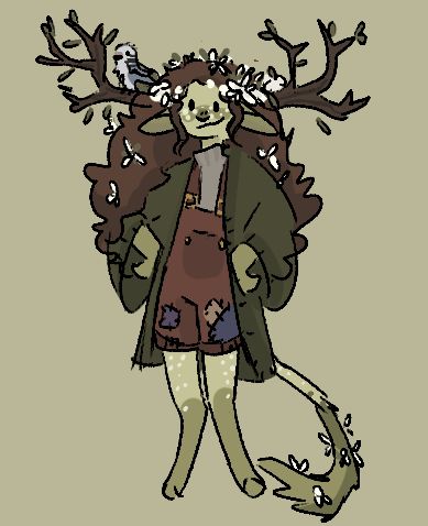 Human Avian Art, Forest Clothes Drawing, Deer Oc Art Human, Cottagecore Dnd Character, Cottagecore Oc Art, Deer Person Drawing, Goblincore Character Design, Fawn Character Design, Nonbinary Dnd Character