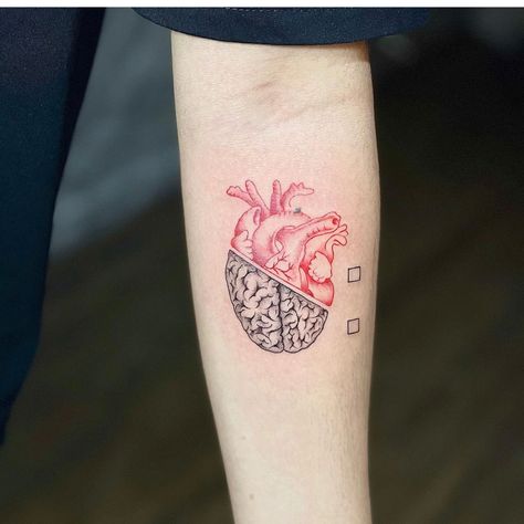 Human Heart Tattoos For Women, Brain And Heart Matching Tattoo, Brain Heart Scale Tattoo, Med Tattoo Ideas, Small Realistic Heart Tattoo, Radical Acceptance Tattoo, Half Heart Half Brain Tattoo, Small Colored Tattoos, Brain Tattoo Psychology