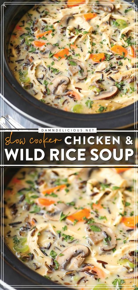 SLOW COOKER CHICKEN AND WILD RICE SOUP, comfort food, tasty dinner recipes Wild Rice Soup Crockpot, Chicken And Wild Rice Soup, Chicken Wild Rice Soup, Chicken And Wild Rice, Crockpot Soup Recipes, Wild Rice Soup, Soup Recipes Slow Cooker, Rice Soup, Crockpot Recipes Slow Cooker