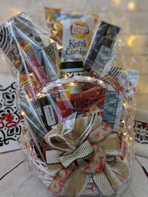 Gift Basket With Cellophane, Make A Gift Basket, Wrapping Gift Baskets, Basket Hat, Making A Gift Basket, Heat Shrink Wrap, Metal Tub, A Gift Basket, Floral Picks