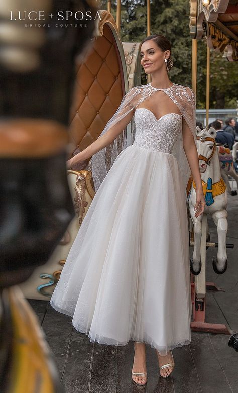 Wedding Dresses Medium Length, Short Dress With Cape Gowns, Mid Wedding Dress Tea Length, Strapless Tea Length Wedding Dress, Summer Wedding Dress Short, Fairy Wedding Dress Short, Short Wedding Dress With Cape, Tea Wedding Dress, Best Wedding Dress For Short Women