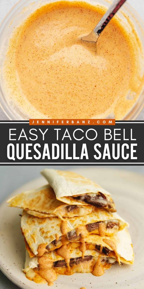 This easy copycat Taco Bell quesadilla sauce recipe is the best homemade sauce you're looking for! Learn how to make the best quesadilla sauce that can be ready in a matter of minutes, keto-friendly, and a healthier version! Try it! Greek Yogurt Quesadilla Sauce, Taco Bell Copycat Recipes Healthy, Tacobell Quesadilla Recipes, Quesadilla Sauce Recipes, Easy Quesadilla Sauce, Copycat Taco Bell Quesadilla Sauce, Low Calorie Taco Bell, Taco Bell Jalapeno Sauce, Low Carb Taco Bell