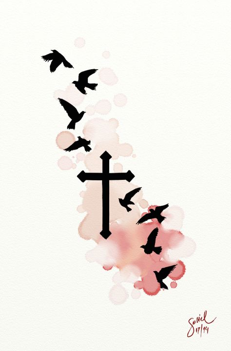 #tattoo #birds #color #cross Cross And Birds Tattoo Ideas, Tattoo Birds, 2023 Tattoo, Cross Tattoos For Women, Different Tattoos, Discreet Tattoos, Cross Tattoo, Birds Tattoo, Birds Flying