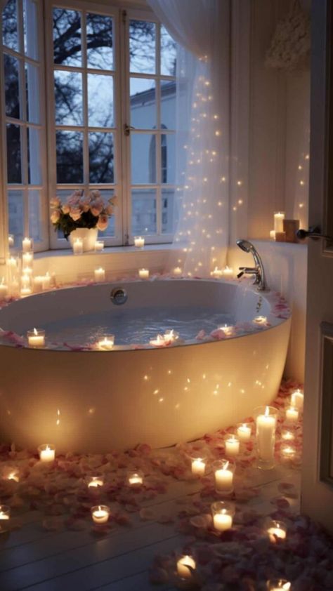 For busy couples looking for a sweet escape without leaving home, a romantic bath ticks all the boxes. It’s quick to set up, taking less than 15 minutes, and won’t break the bank. It’s perfect Bathroom Decor For Couples, Bathtub Couple Romantic, Rose Petal Bath Romantic, Romantic Bubble Bath Ideas Couple, Romantic Bathroom Ideas Couples, Honeymoon Room Romantic, Romantic Bath Ideas For Couples, Romantic Bath Ideas, Romantic Bathroom Ideas