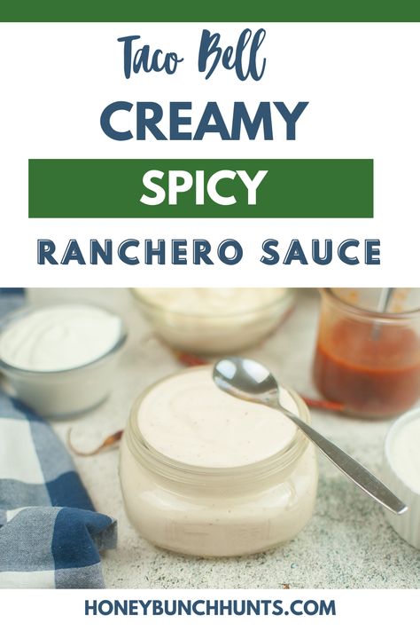 Discover the secret to recreating your favorite Taco Bell flavors at home with our Creamy Spicy Ranchero Sauce recipe - a zesty punch in just 4 simple ingredients! Perfect for tacos, burritos, and more. Get this sauce recipe and more at Honeybunch Hunts website. Spicy Ranchero Sauce, Burrito Sauce Recipe, Ranchero Sauce Recipe, Homemade Taco Sauce, Burrito Sauce, Sour Cream Ranch Dressing, Ranchero Sauce, Southwest Sauce, Spicy Tacos