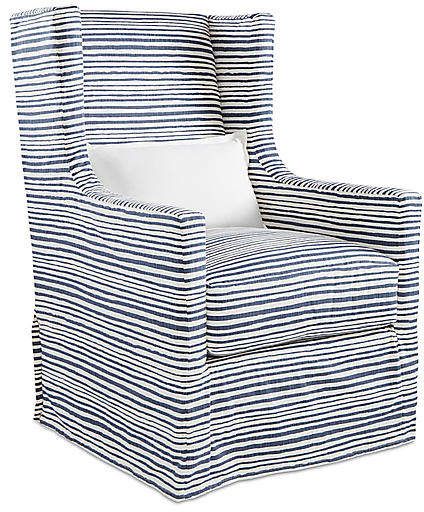 Striped Wingback Swivel Chair, Coastal Chairs, Blue Chairs, Striped Chairs, Swivel Chair, Wing Chair Coastal Chairs, Lake House Living Room, Wrapped In A Blanket, Ashley Furniture Chairs, Dark Blue Living Room, Blue Chairs, Stylish Accent Chairs, Dining Chair Upholstery, Floor Protectors For Chairs