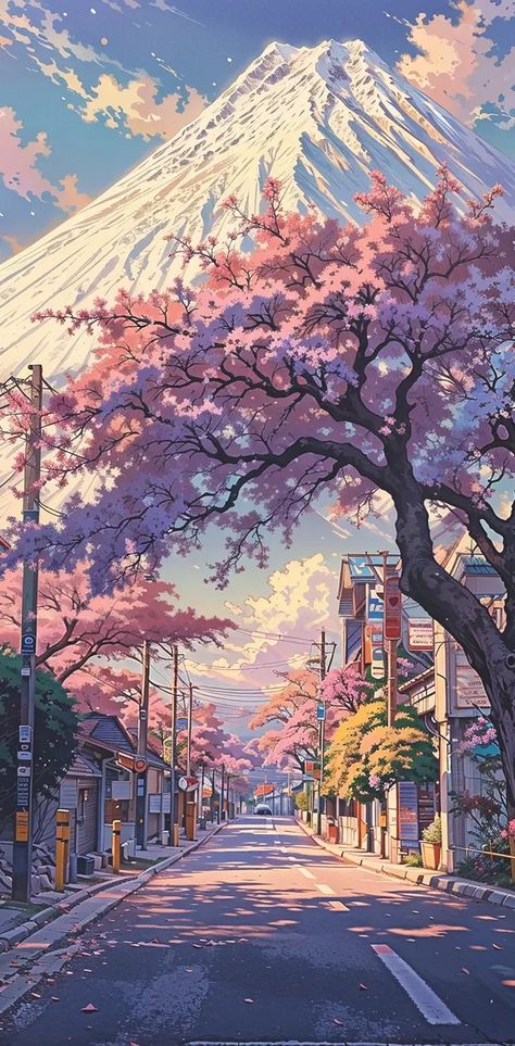 Japanese Scenery Painting, Kawaii Japanese Wallpaper, Japanese Style Background, Cherry Blossom Kawaii, Images Hello Kitty, Cherry Blossom Trees, Dreamy Artwork, Japanese Art Prints, Anime Backgrounds Wallpapers