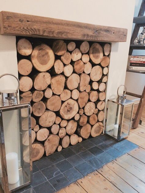 Wood Filled Fireplace Logs, Wood Filled Fireplace, Fireplace Filled With Logs, Log Filled Fireplace Ideas, Log Filled Fireplace, Filled Fireplace Ideas, Fireplace With Logs Inside, Alternative Fireplace Ideas, Upcycle Fireplace