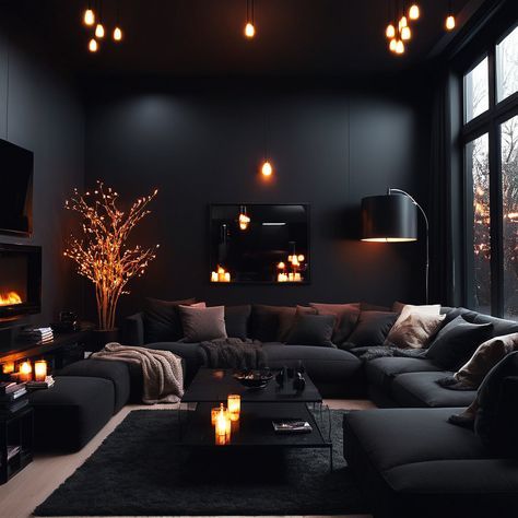 Dark Themed House Interior, Fancy Black Room Aesthetic, Non Centered Tv Living Rooms, Black Couch Black Wall, Blacked Out Living Room, Minimalist Moody Living Room, Edgy Living Room Ideas, Black On Black Living Room, Dark Living Room Lighting Ideas