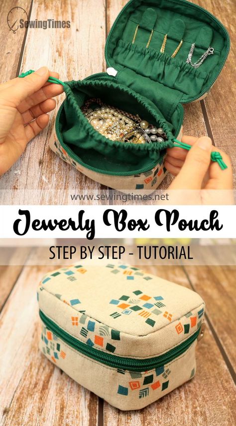 DIY Jewerly Box PouchCute and FunctionalJewelry Storage Sewing Tutorial [sewingtimes] Diy Jewelry Pouch, Diy Sewing Storage, Small Sewing Projects For Gifts, Box Pouch Pattern, Pouch Sewing Pattern, Sewing Pouch, Functional Jewelry, Natural Make Up Looks, Jewerly Boxes