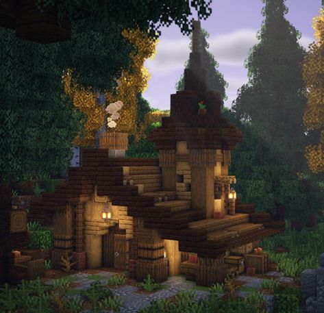 Dark Oak House Ideas Minecraft, Minecraft Hermit House, Minecraft Woodland Cottage, Minecraft Woodland House, Unique Minecraft House Ideas, Minecraft Campfire Ideas, Minecraft Dark House, Log Cabin Minecraft, Minecraft House Inspiration