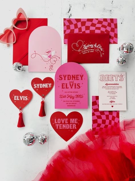 Pink And Red Party Aesthetic, Valentines Day Stationary, Pink Red Branding, Valentine Stationary, Modern Stationary Design, Valentines Stationery, Red And Pink Party, Bright Colors Wedding, Red Pink Party