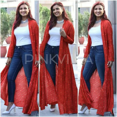 Parineeti chopra in label Anushree in zara Shrug With Jeans Outfit, Long Shrugs Outfit Jeans, Long Shrugs Outfit Indian, Parineeti Chopra Outfits, Indowestern Outfits Women, Label Anushree, Jeans Kurti, Bollywood Theme Party Outfit, Kurti With Jeans