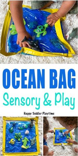 Ocean Activities & Crafts for Kids - HAPPY TODDLER PLAYTIME Ocean Sensory Play, Ocean Sensory, Ocean Bag, Sea Activities, Sensory Bag, Sensory Bags, Ocean Activities, Animal Activities, Ocean Themes