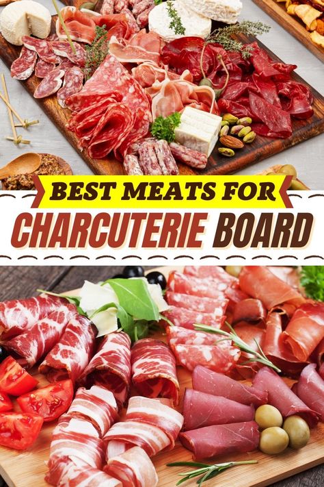 The best meats for charcuterie boards are salty, thinly sliced, and flavorful, like chorizo or Jamón Ibérico. Use a few different options for variety. Meats For Charcuterie, Meat Cheese Platters, Meat And Cheese Tray, Charcuterie Board Meats, Charcuterie Appetizers, Charcuterie Meats, Meat Trays, Slow Cooked Meat, Italian Meats