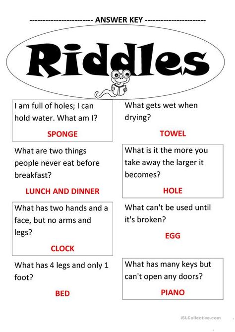 Riddles - English ESL Worksheets for distance learning and physical classrooms Funny Riddles With Answers, Funny Riddles, Funny Jokes For Kids, Jokes And Riddles, Jokes For Kids, Escape Room, Brain Teasers, English Lessons, Vocabulary Words