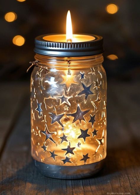 Mason Jar Tealight Candle Holder Diy, Diy Mason Jar Candle Holders, Mason Jar Crafts With Lights, Old Mason Jar Ideas, Reuse Candle Jars Ideas, Jar With Lights, Reuse Candle Jars, Jar Candle Holders, Mason Jar Night Light